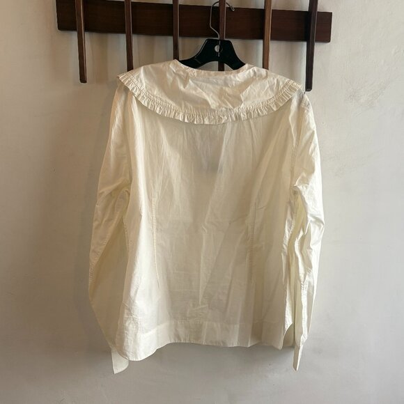 GANNI Cotton Poplin Frill Collar V-neck Shirt - Picture 2 of 8